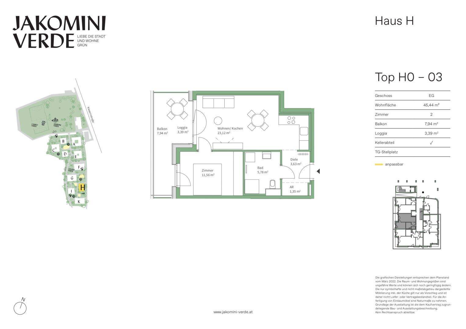 Grundriss der Wohnung Top H0-03 mit Wohn-/Küchenbereich, Zimmer und Loggia.