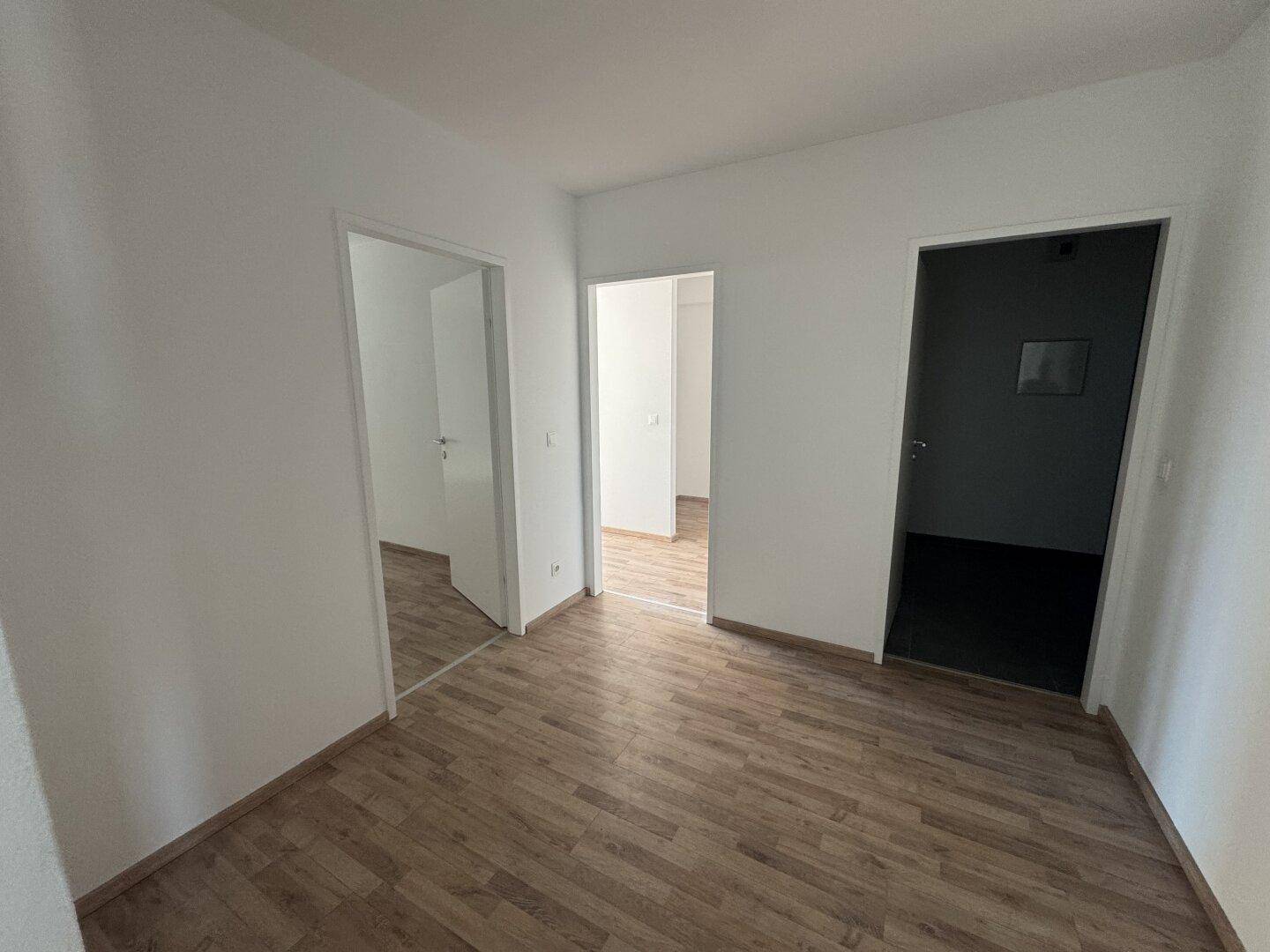 Heller Flurbereich mit Laminatboden und mehreren Türen, die zu den angrenzenden Räumen führen.