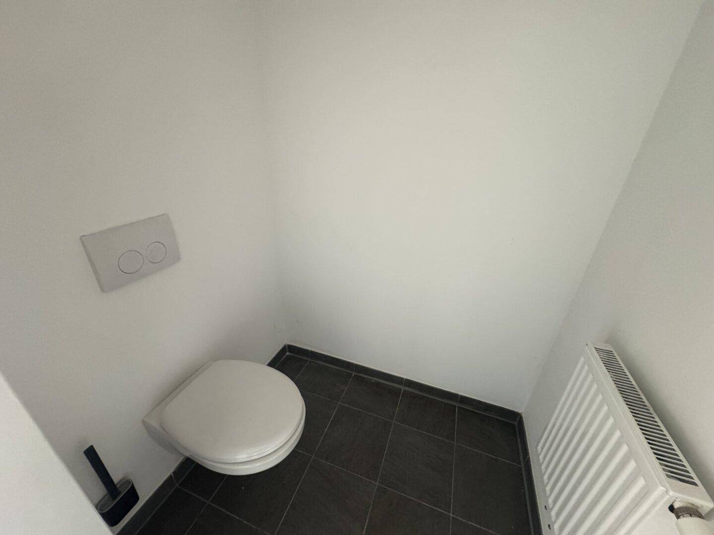 Kleines separates WC mit dunklen Bodenfliesen, weißen Wänden und wandhängendem WC.