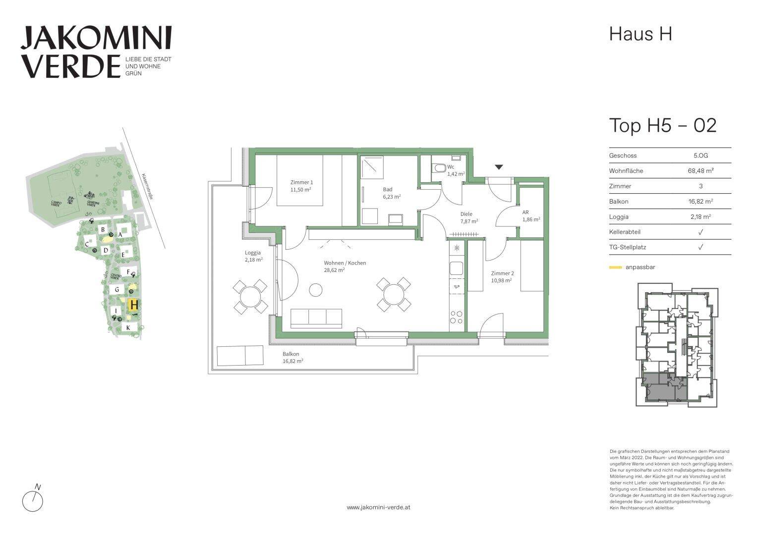 Grundriss der Wohnung Top H5-02 mit offenem Wohnbereich, zwei Zimmern, Bad und Balkon.