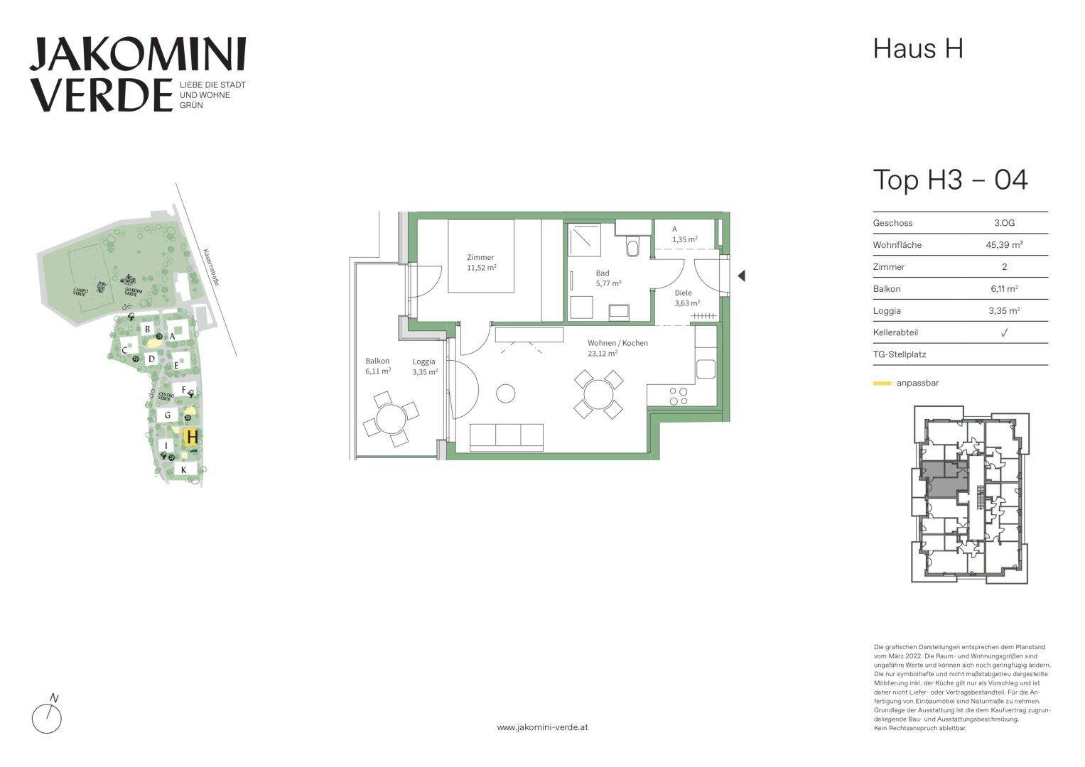 Grundriss der Wohnung Top H3-04 mit Balkon und Loggia, Gesamtfläche 45,39 m².