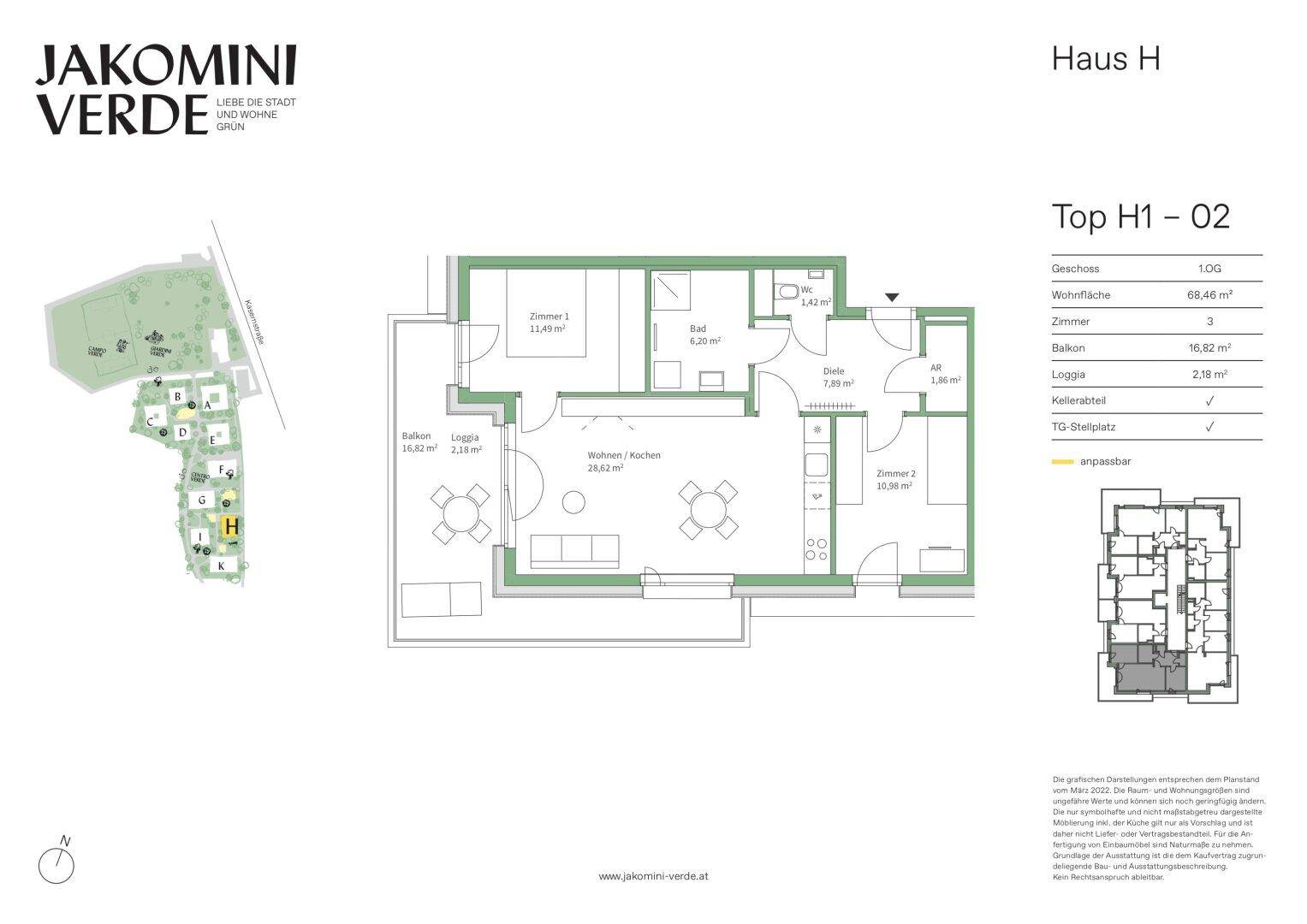 Grundriss der Wohnung H1-02 mit drei Zimmern, Balkon und Loggia.