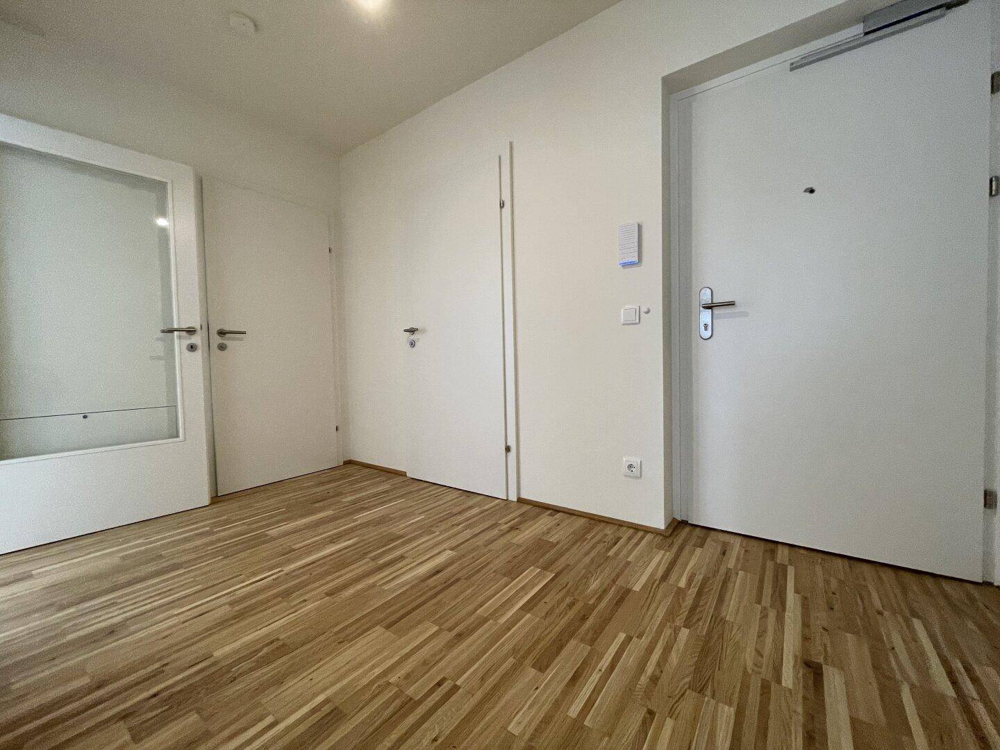 Eingangsbereich mit Parkettboden und mehreren weißen Türen zu den angrenzenden Räumen.