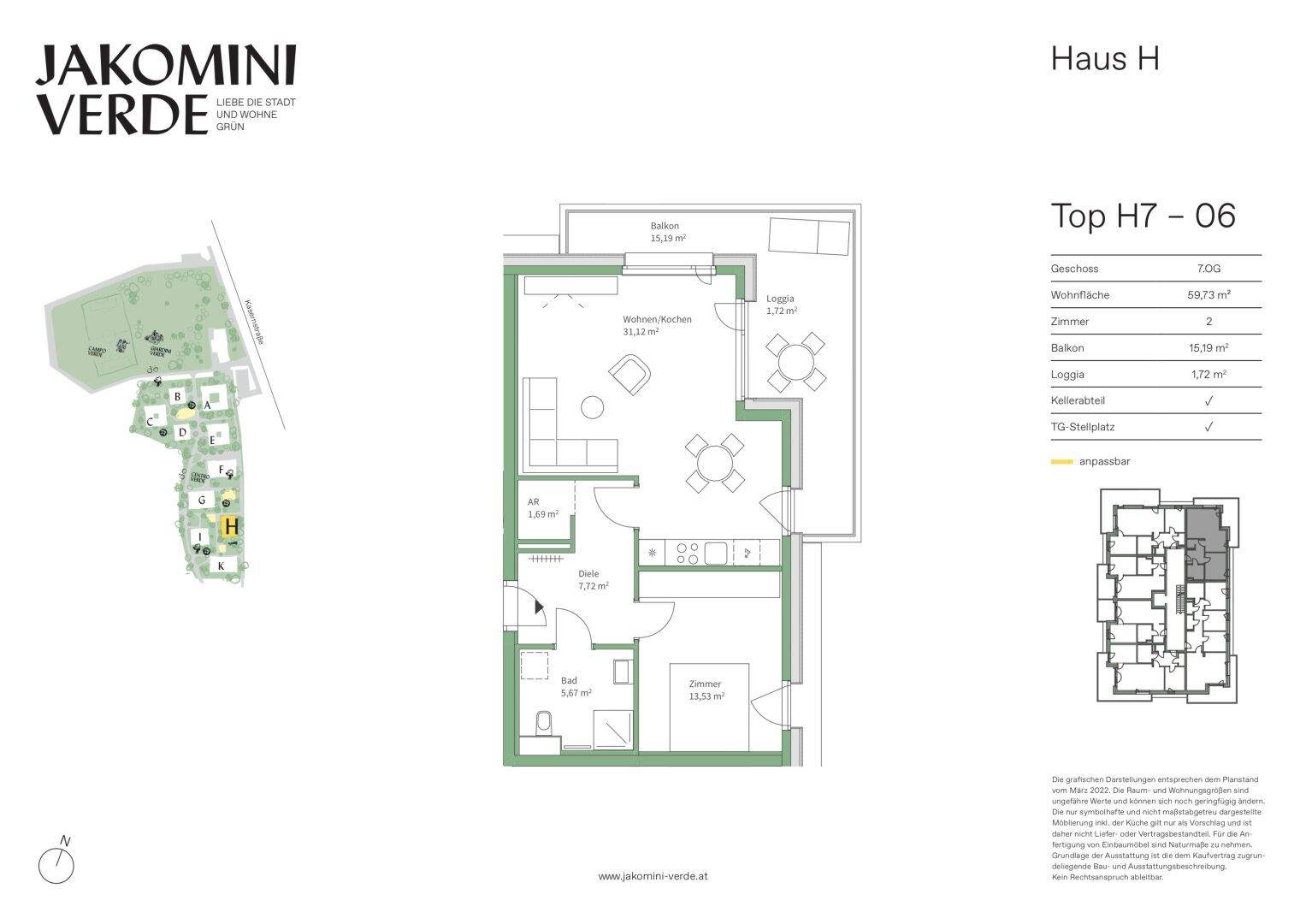 Grundriss der Wohnung Top H7-06 mit 2 Zimmern, Balkon und Loggia.