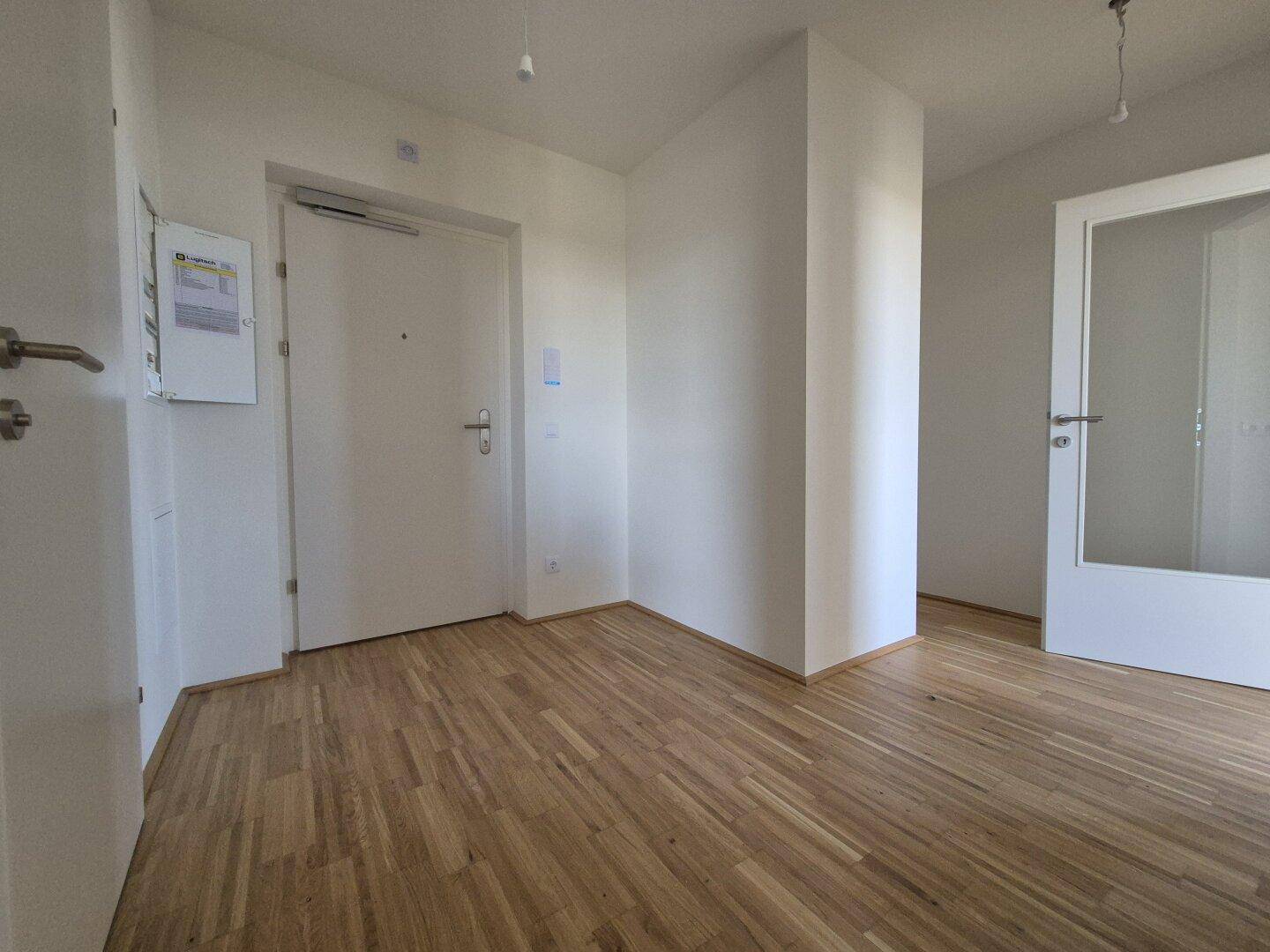 Heller Eingangsbereich mit Parkettboden und weißer Eingangstür.