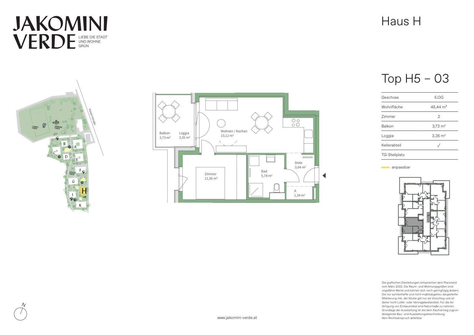 Grundriss der Wohnung Top H5-03 mit Wohnfläche von 48,44 m², Balkon und Loggia.
