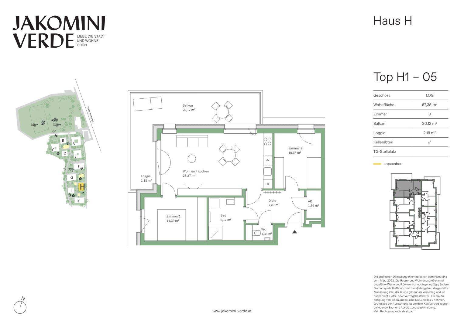 Grundriss der Wohnung H1-05 mit drei Zimmern, Balkon und Loggia.