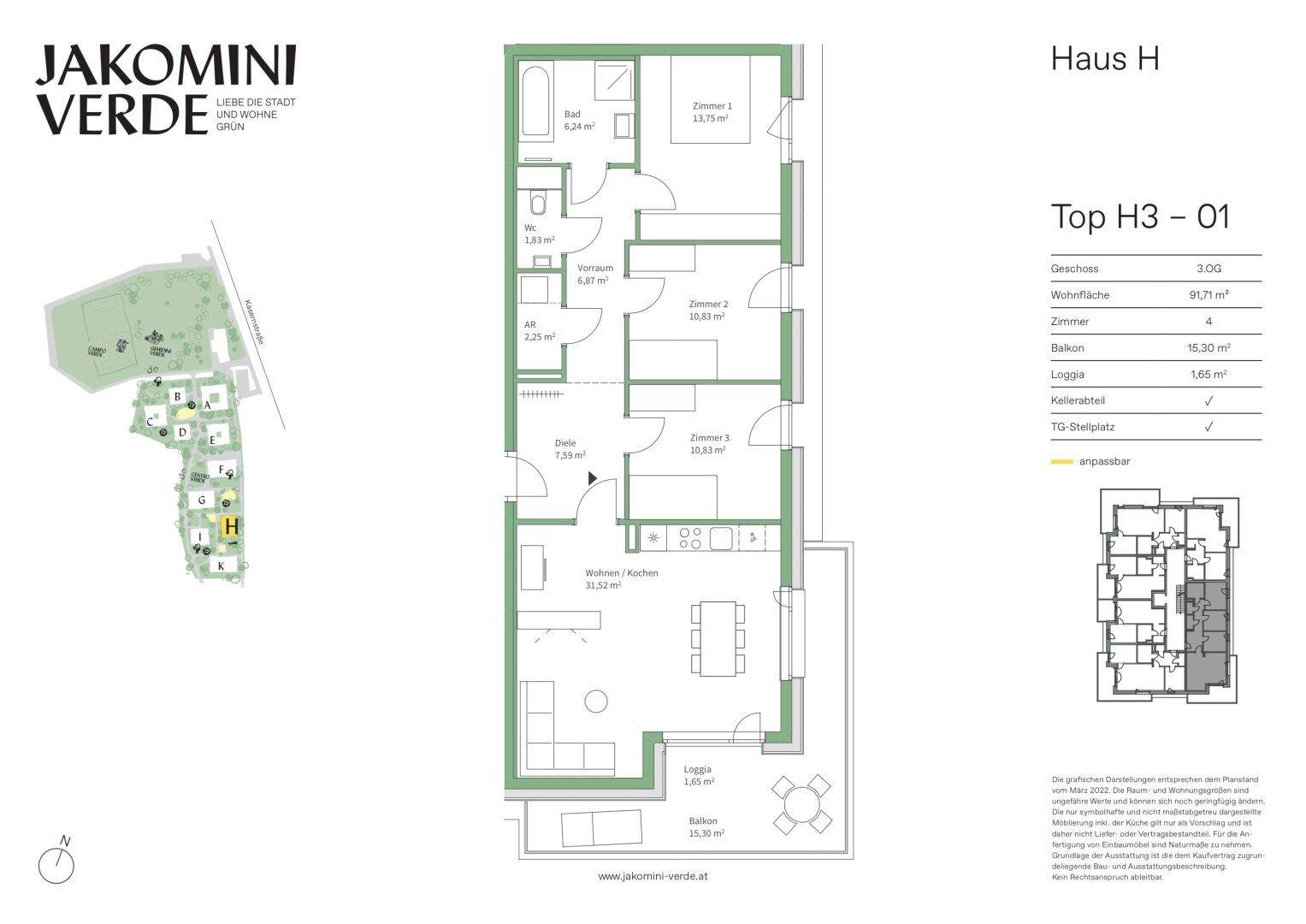 Detaillierter Grundriss einer Wohnung mit drei Zimmern, Balkon und Loggia.