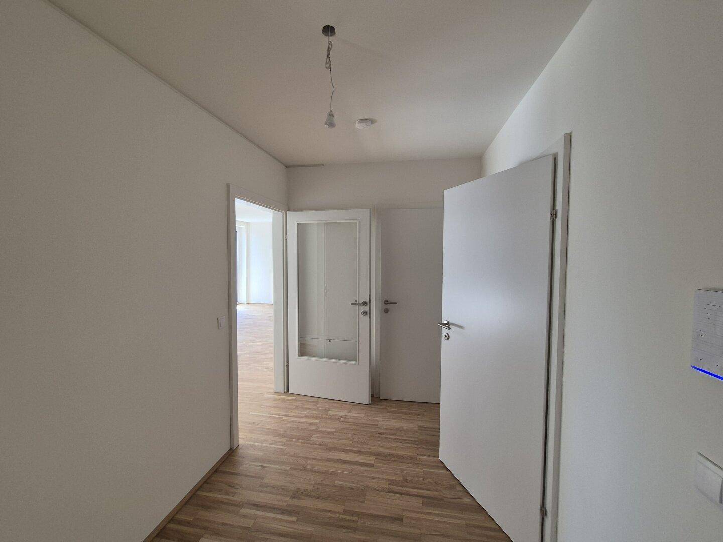 Heller Flur mit Parkettboden und mehreren Türen, die zu den angrenzenden Räumen führen.