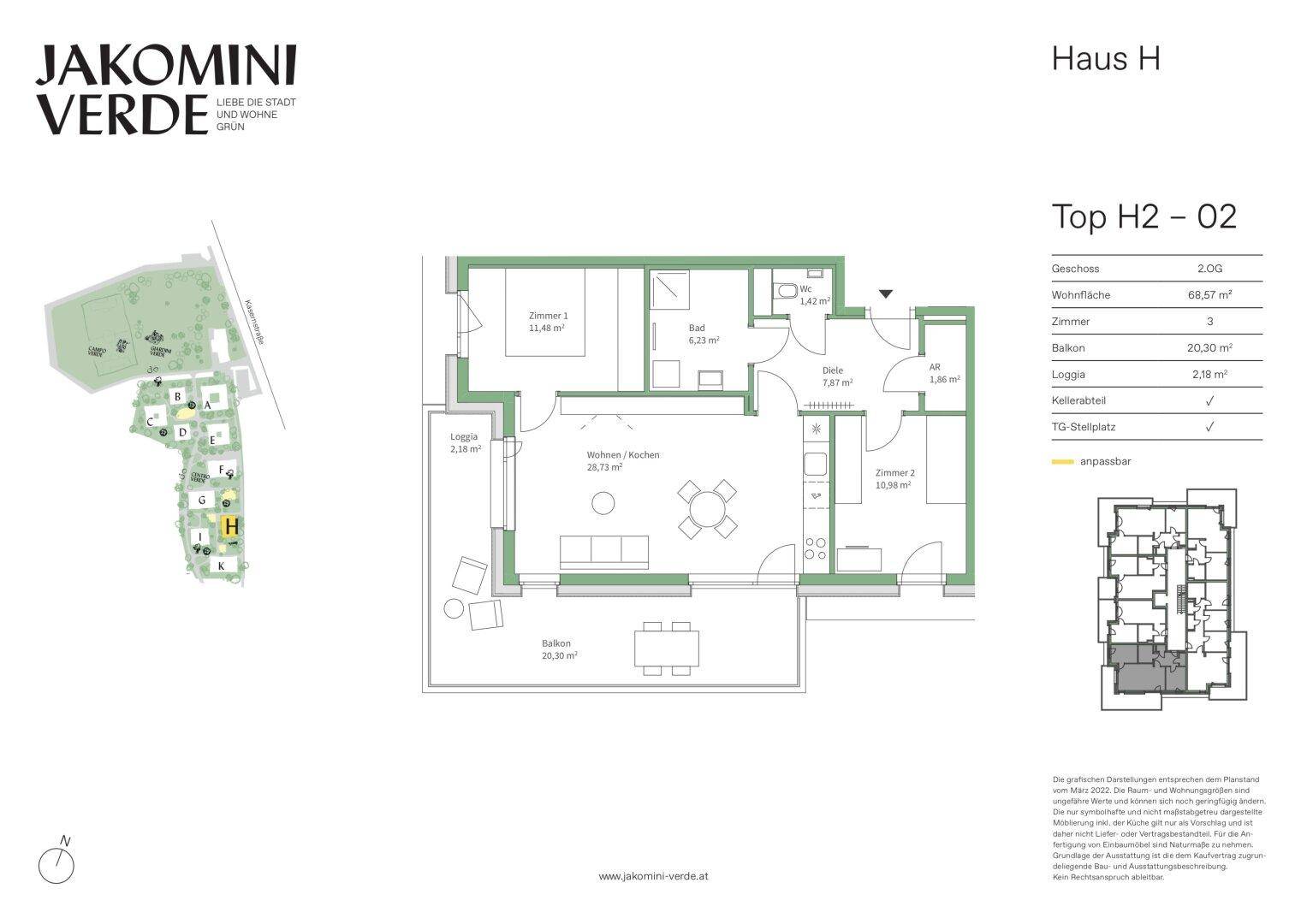 Grundriss der Wohnung Top H2-02 mit Wohnküche, zwei Zimmern, Bad und Balkon.