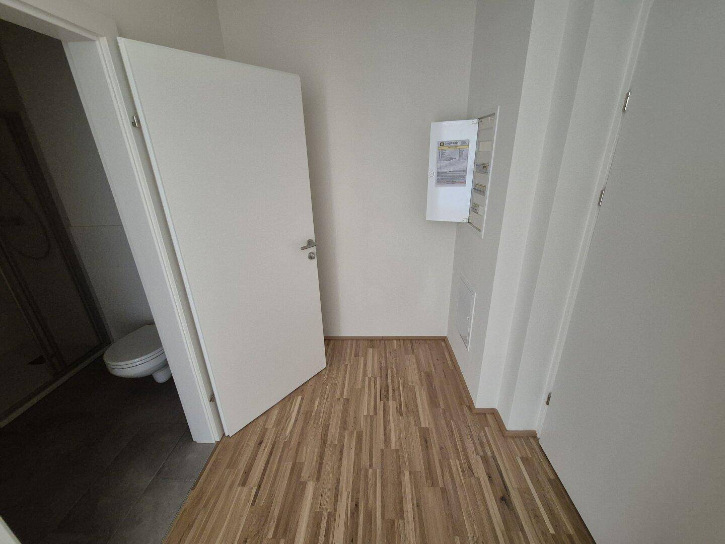 Eingangsbereich mit Holzparkettboden, Sicherungskasten und Zugang zu einem Badezimmer.