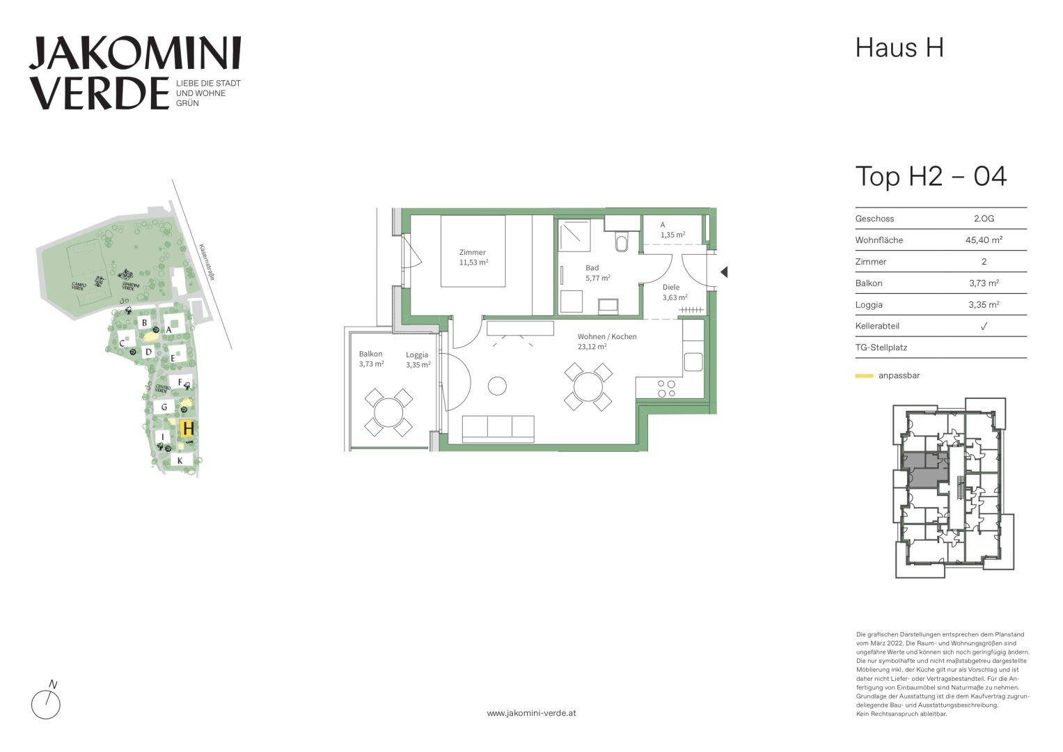 Grundriss der Wohnung Top H2-04 mit Balkon und Loggia, Gesamtfläche 48,40 m².