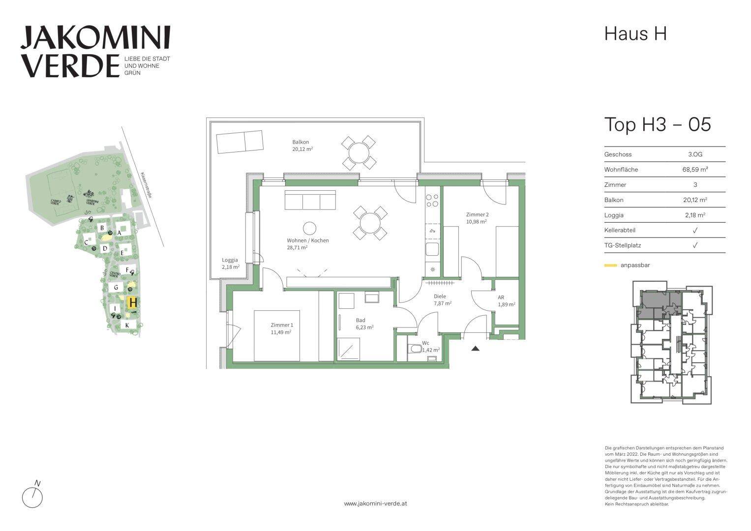 Grundriss der Wohnung Top H3-05 mit drei Zimmern, Balkon und Loggia.