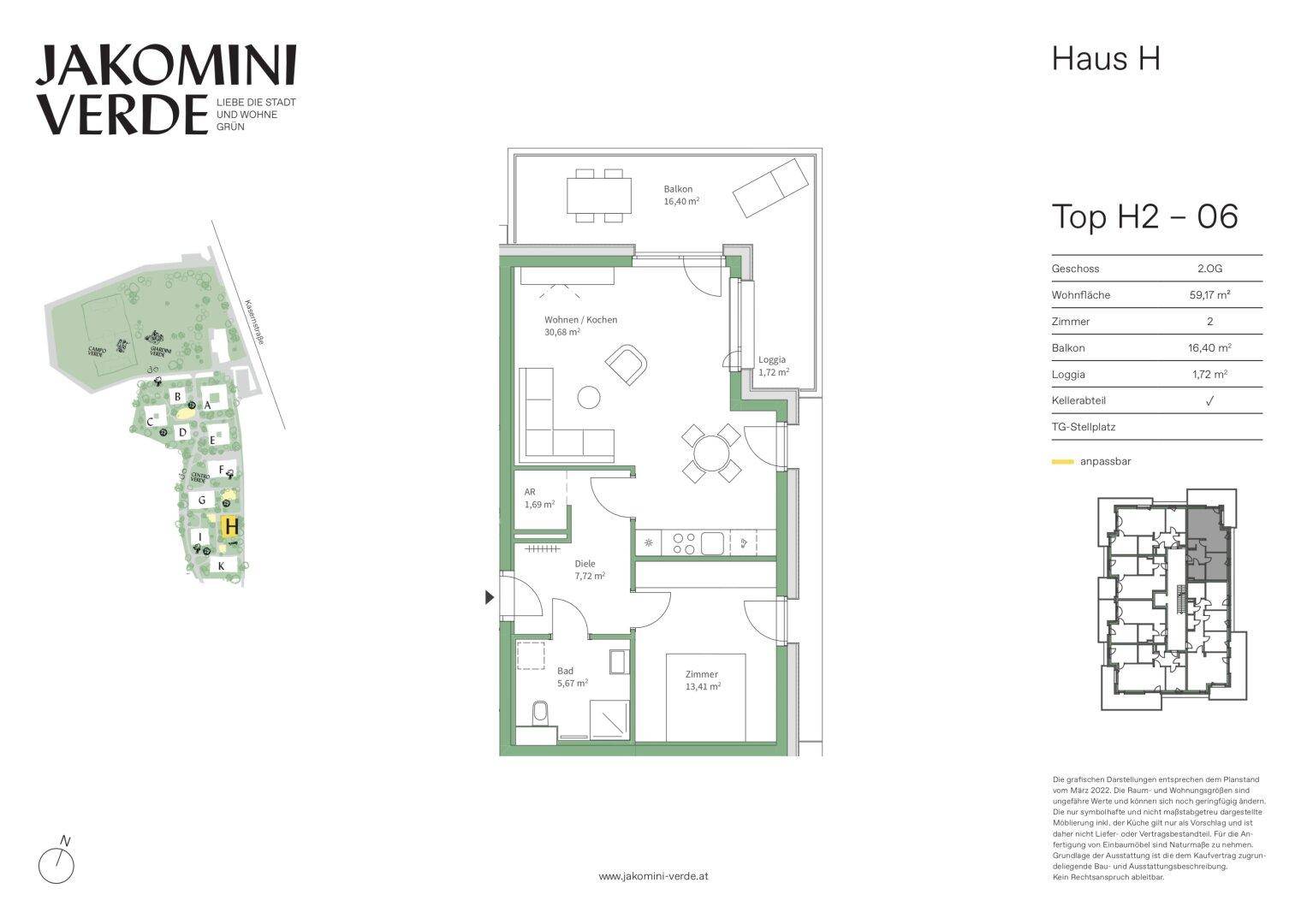 Grundriss der Wohnung Top H2-06 mit 59,17 m² Wohnfläche, Balkon und Loggia.