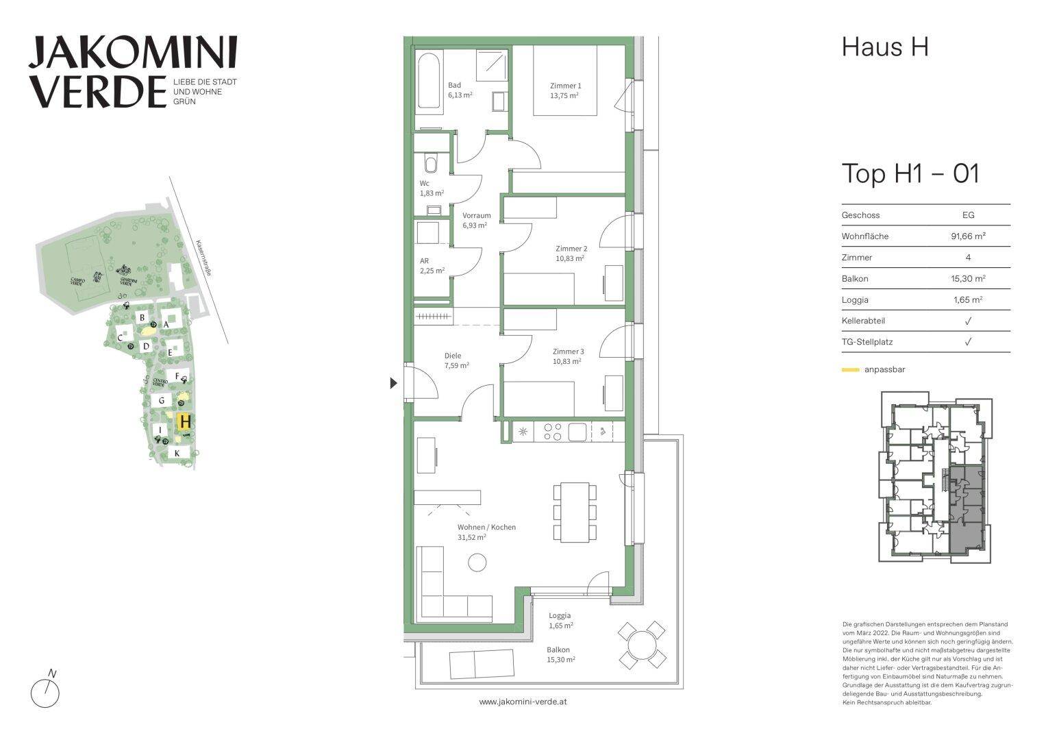Detaillierter Grundriss von Haus H, Top H1-01, mit Wohnfläche und Raumaufteilung.