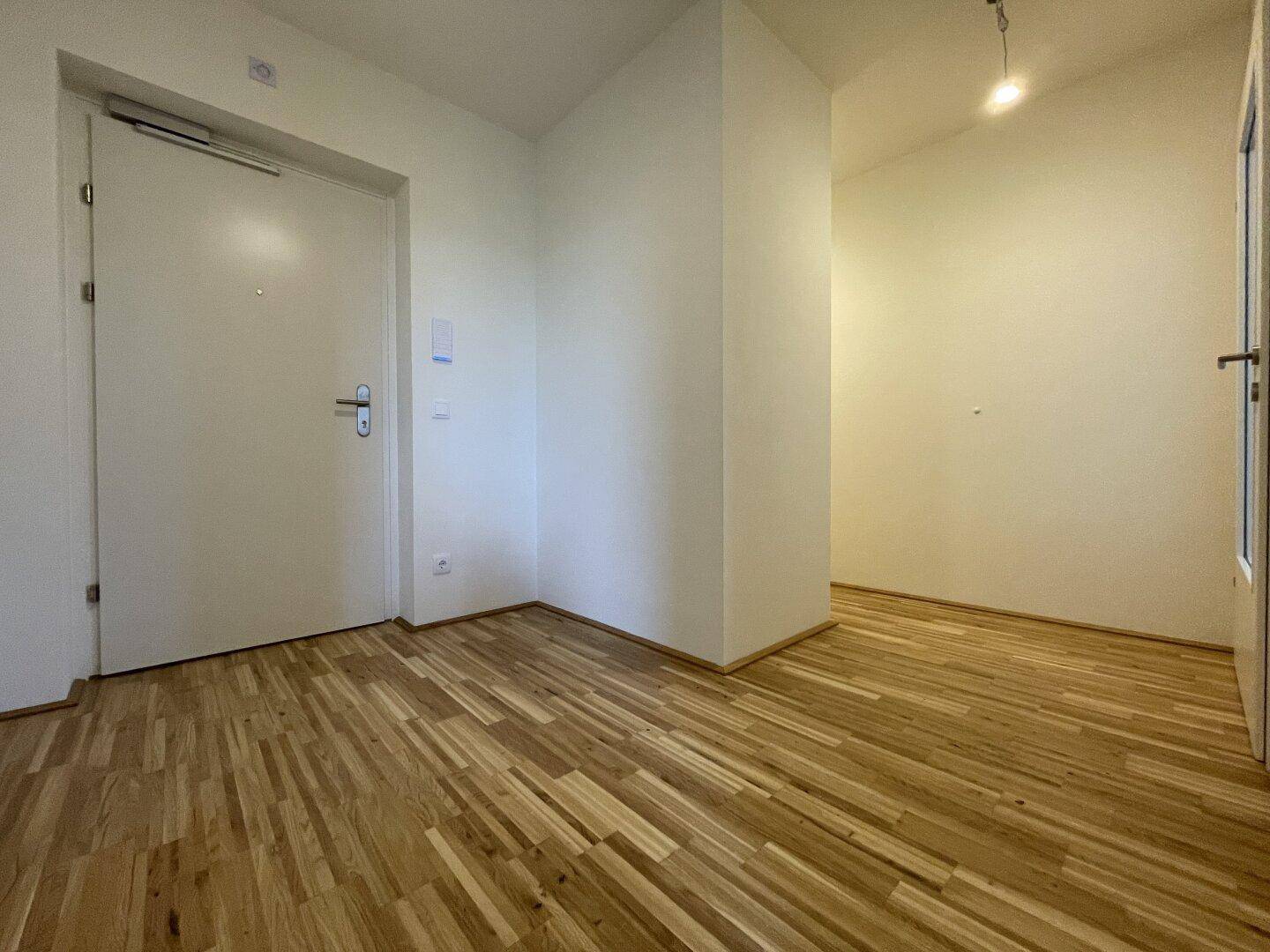Heller Eingangsbereich mit modernem Parkettboden und weißen Wänden, bereit zur individuellen Gestaltung.