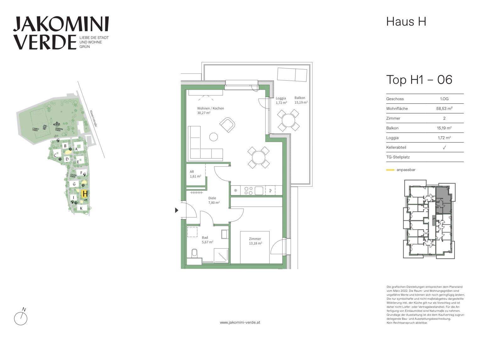 Grundriss der Wohnung H1-06 mit offenem Wohnbereich, Schlafzimmer, Bad, Loggia und Balkon.