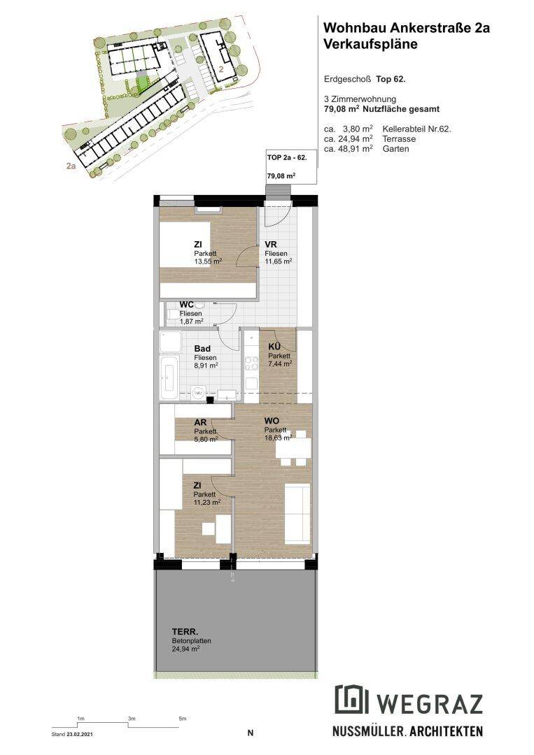 Grundriss einer 3-Zimmer-Wohnung im Erdgeschoss mit offener Küche, Terrasse und Garten.