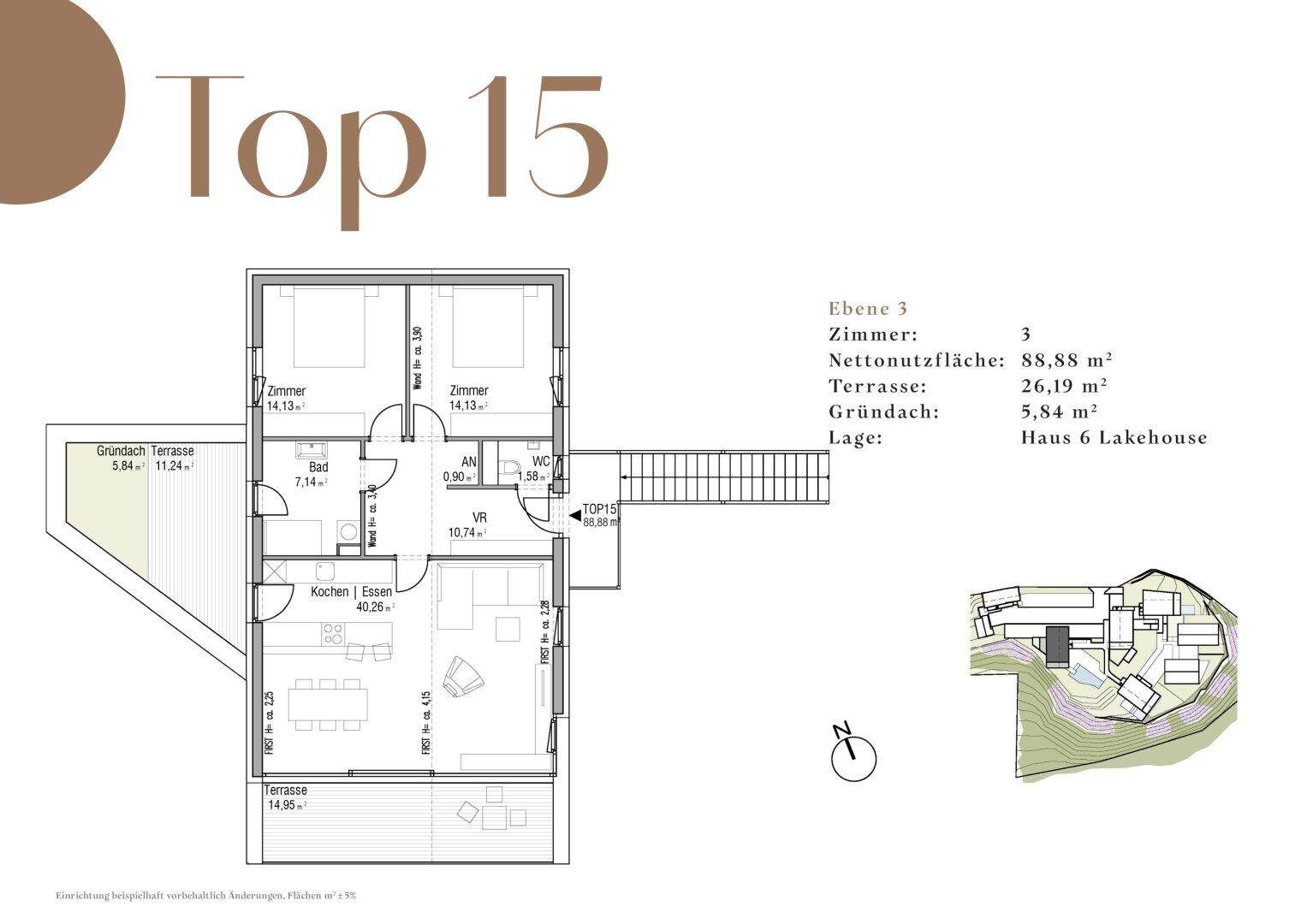 Grundriss von Top 15 mit drei Zimmern, Bad, WC und zwei Terrassen auf 88,88 m².