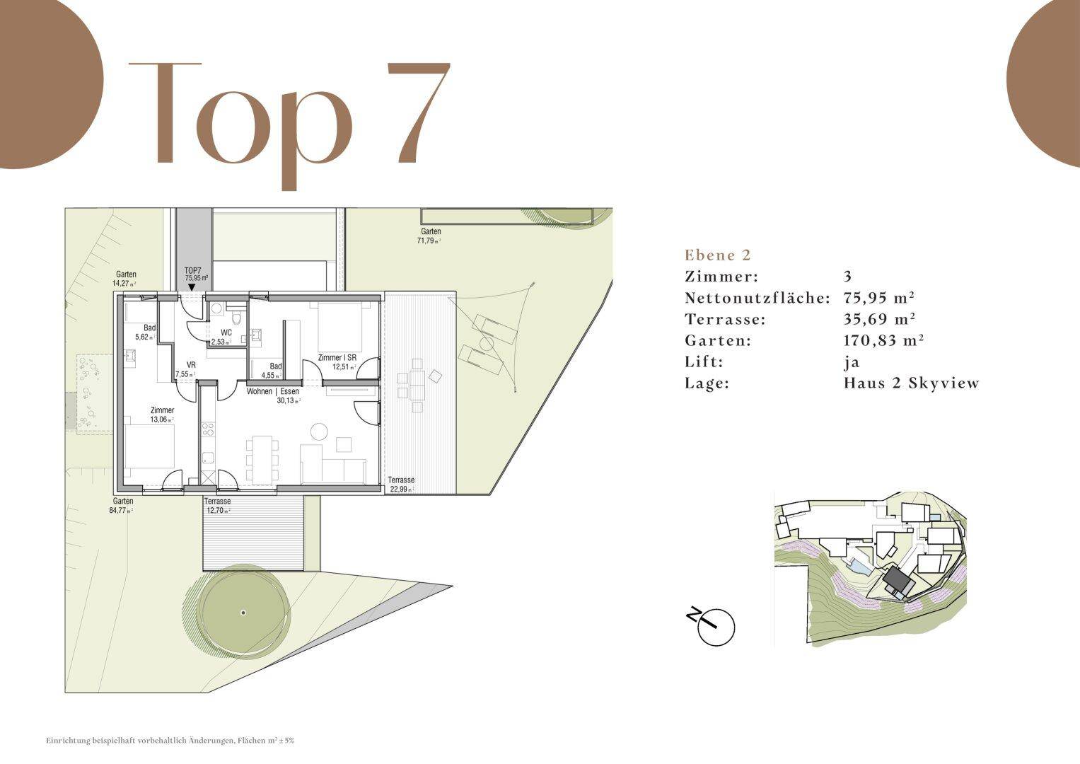 Grundriss der Wohnung Top 7 zeigt drei Zimmer, offenes Wohnen, Bad, WC, Terrasse und Garten.
