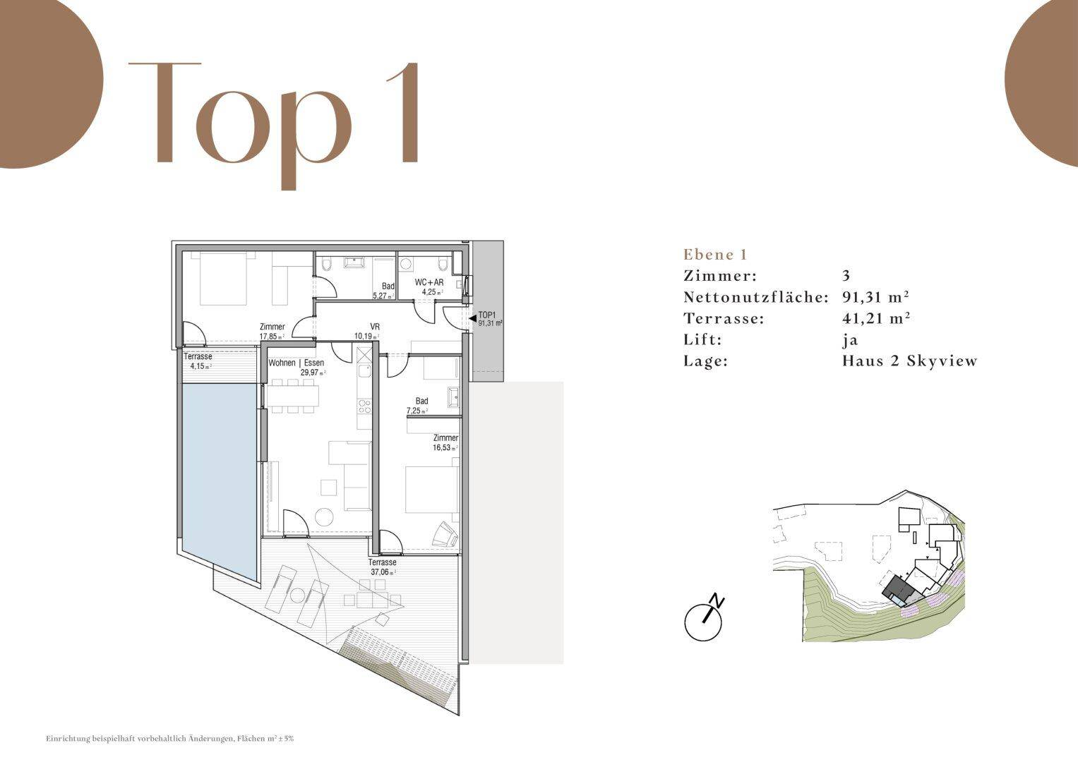 Grundriss der Wohnung Top 1 mit drei Zimmern, offenem Wohnbereich und zwei großzügigen Terrassen.