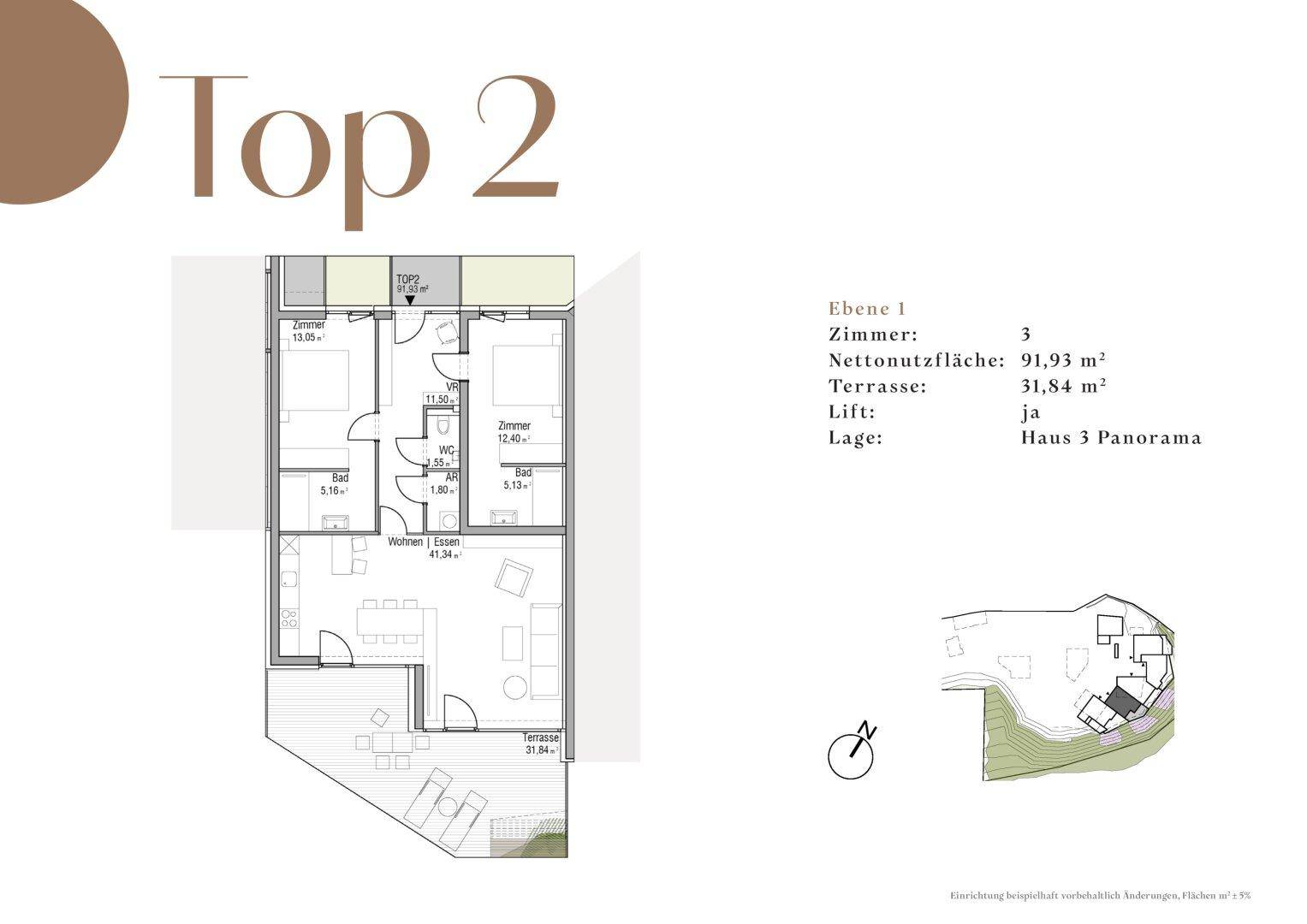 Grundriss der Wohnung Top 2 mit drei Zimmern, offener Wohnküche und großer Terrasse.