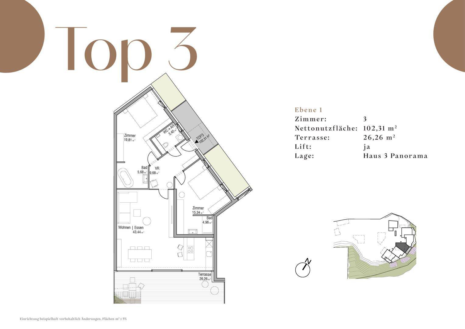 Grundriss der Wohnung Top 3 mit drei Zimmern, zwei Bädern, offener Wohnküche und großer Terrasse.