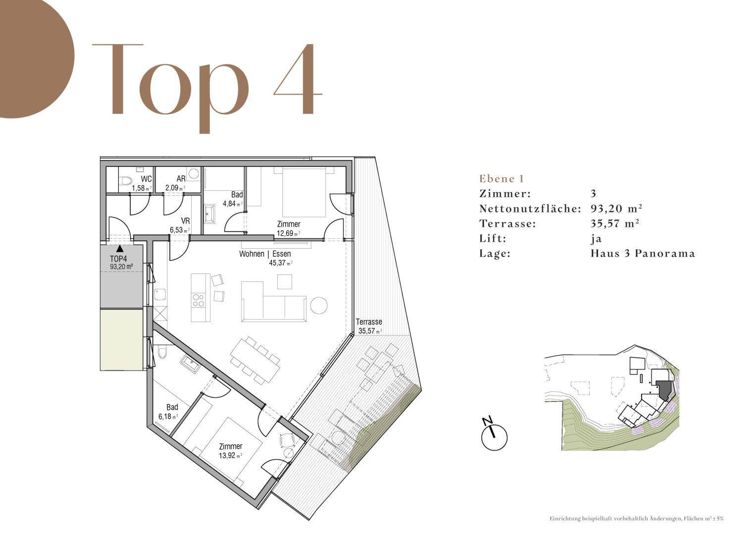 Grundriss der Wohnung Top 4 mit offenem Wohn-Essbereich, zwei Schlafzimmern, zwei Bädern und großer Terrasse.