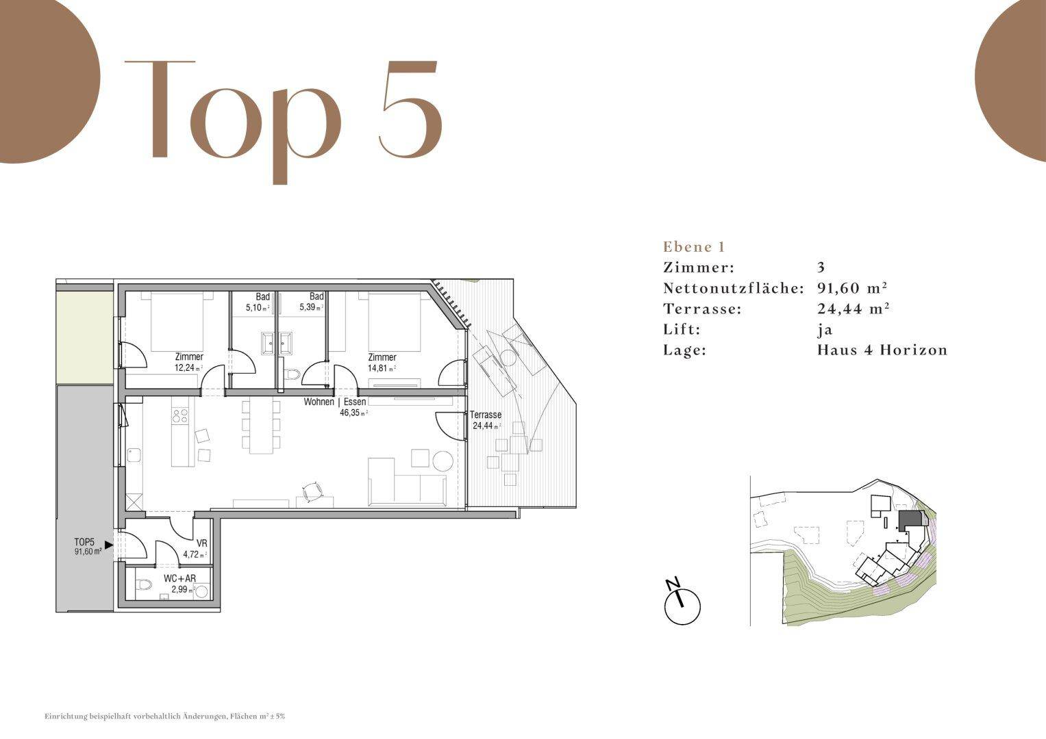 Grundriss der Wohnung Top 5 mit drei Zimmern, offener Wohnküche, zwei Bädern und großer Terrasse.