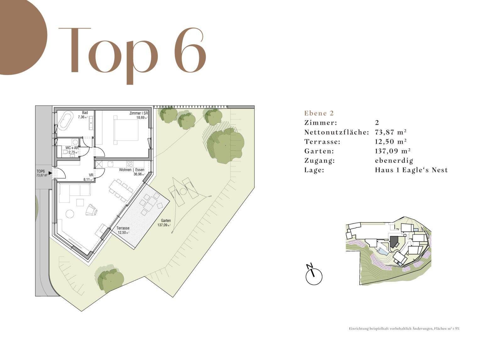Grundriss der Ebene 2 mit Wohn-Essbereich, Schlafzimmer, Bad, WC, Terrasse und Garten.