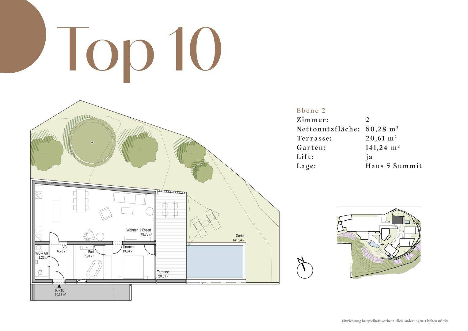 Grundriss der Wohneinheit Top 10 mit offenem Wohn-Essbereich, Terrasse, Garten und Pool.