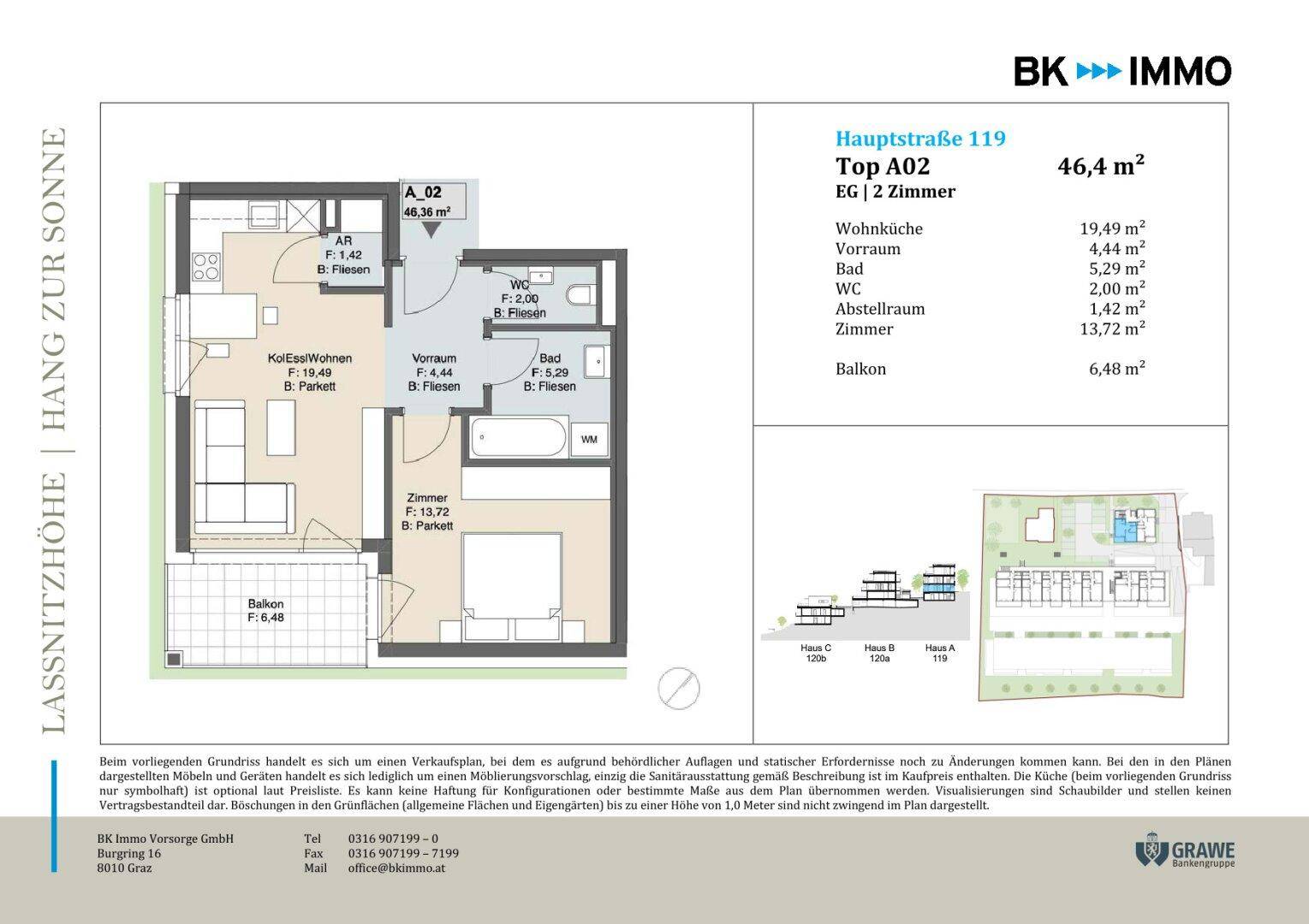 Detaillierter Grundriss einer 2-Zimmer-Wohnung mit Balkon und separatem WC.