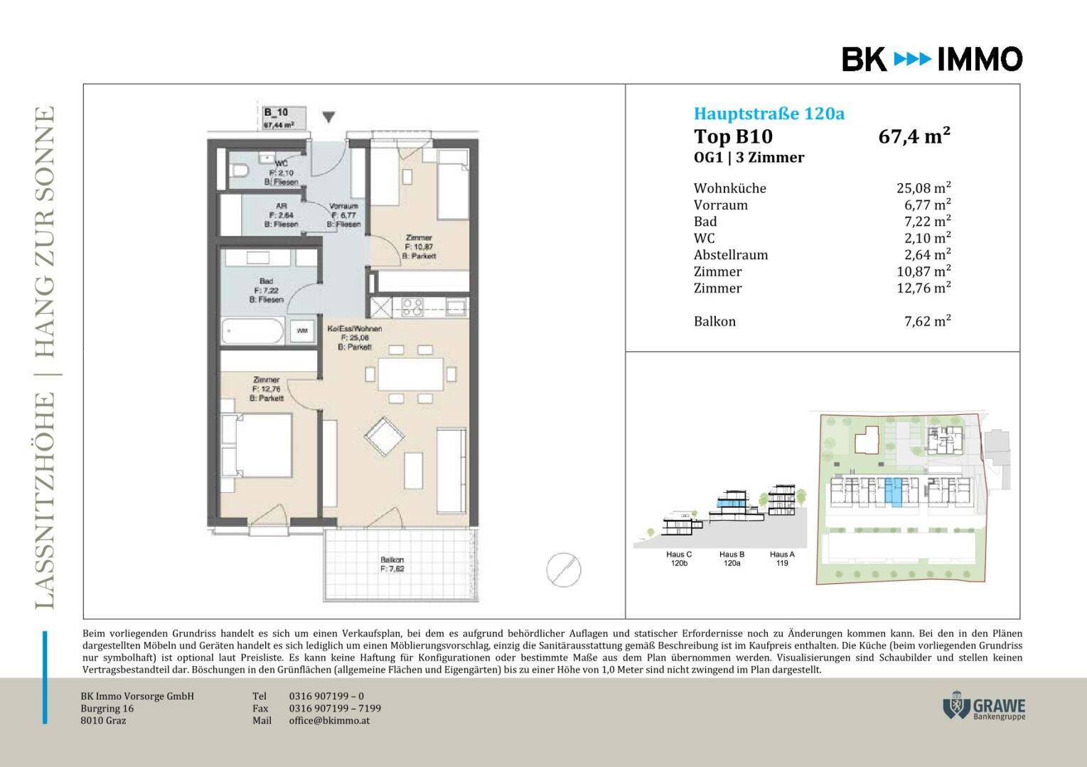 Grundriss der 3-Zimmer-Wohnung Top B10 mit 67,4 m² Wohnfläche und einem Balkon.