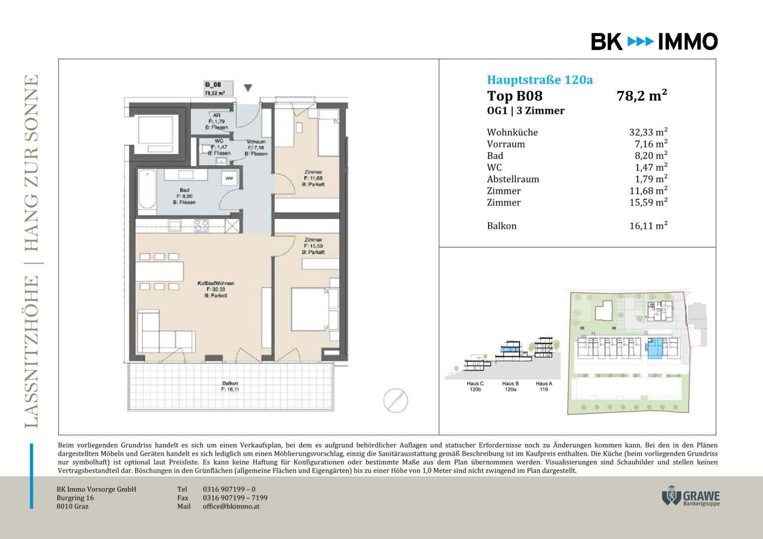 Grundriss einer 3-Zimmer-Wohnung mit Balkon und separatem WC.