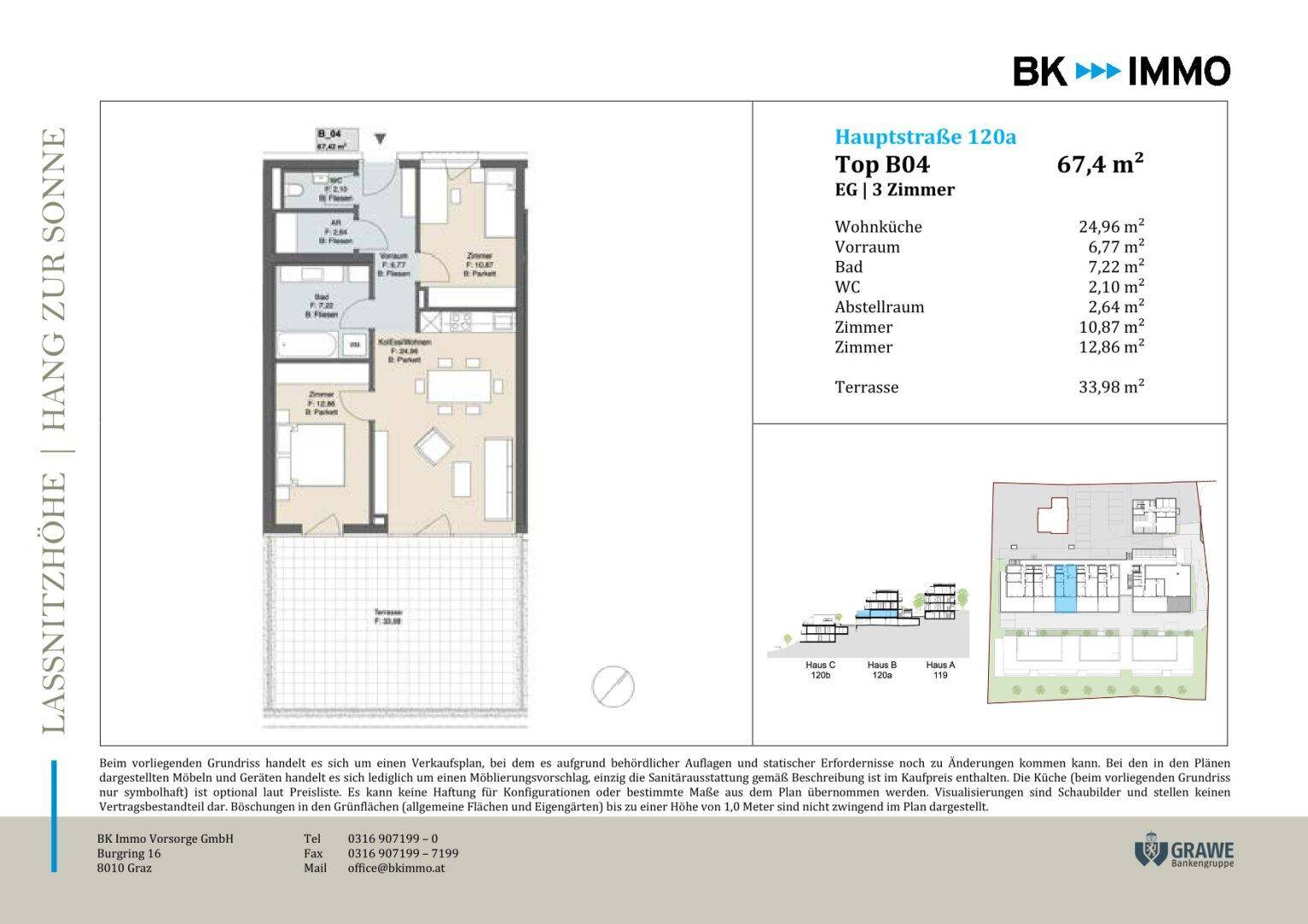 Grundriss für eine 3-Zimmer-Wohnung im Erdgeschoss mit Terrasse und Gartenanteil.
