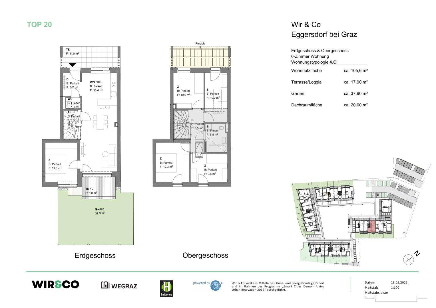 Grundriss einer modernen Maisonette-Wohnung über zwei Etagen mit Garten, Terrasse und Loggia.