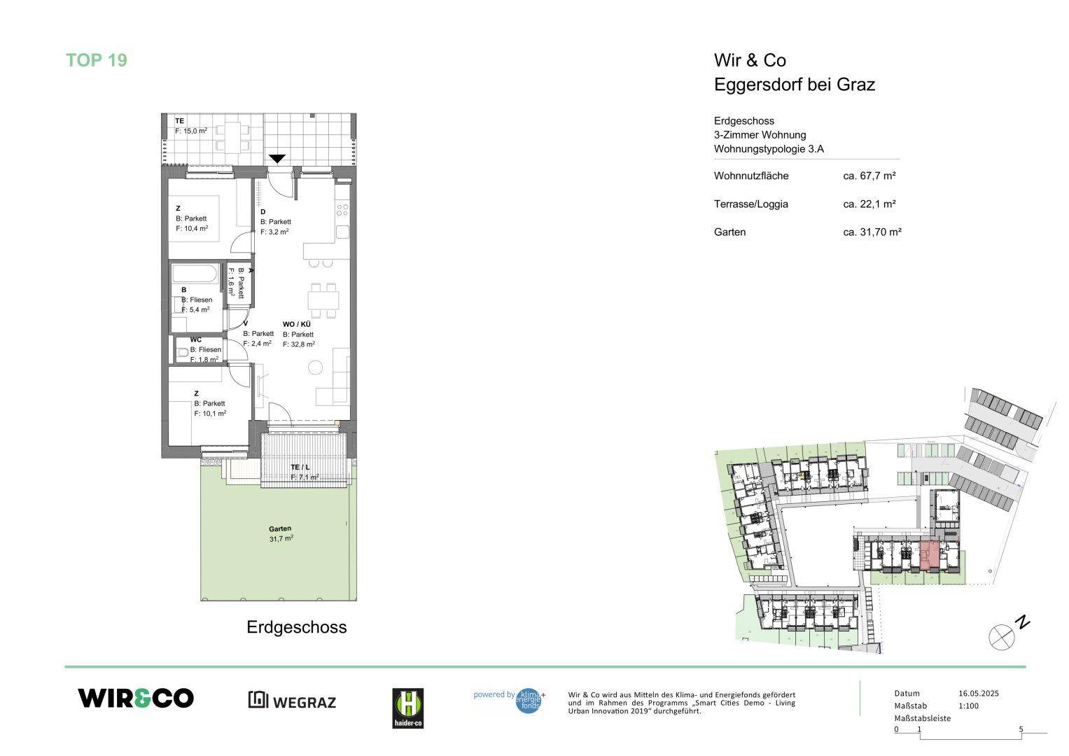 Grundriss einer Erdgeschosswohnung mit offenem Wohnbereich, zwei Schlafzimmern, Bad, separatem WC, Terrasse, Loggia und eigenem Garten.