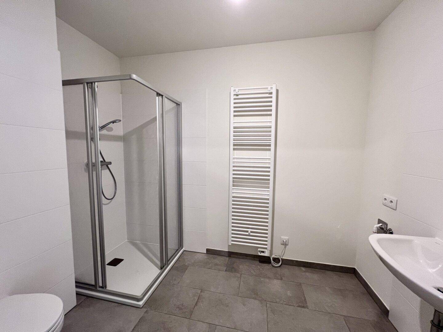 Modernes Badezimmer mit Duschkabine, Waschbecken und beheiztem Handtuchhalter.