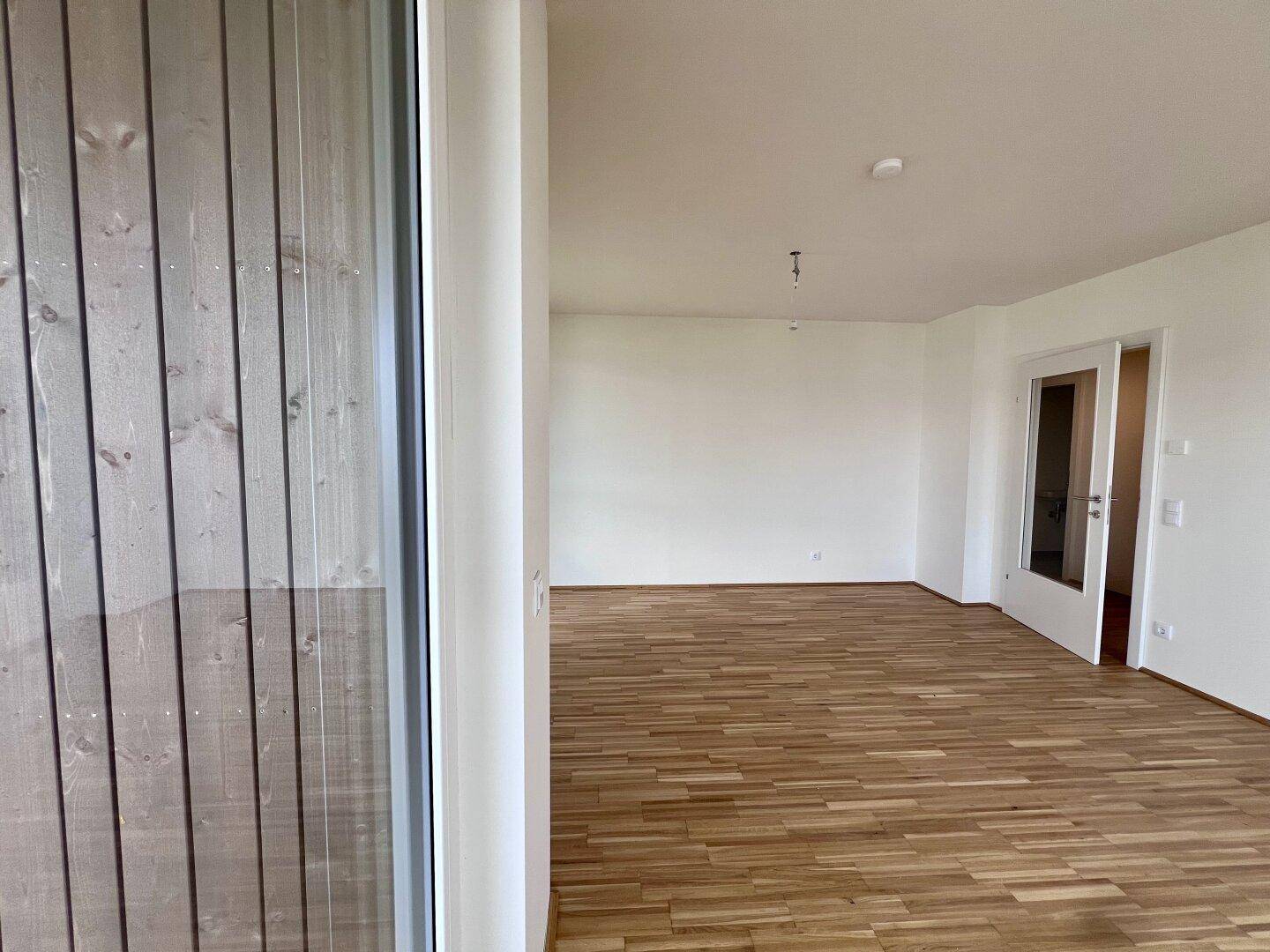 Heller Wohnbereich mit Parkettboden und Glastür, bietet Zugang zu weiteren Räumen, in Neubauqualität.