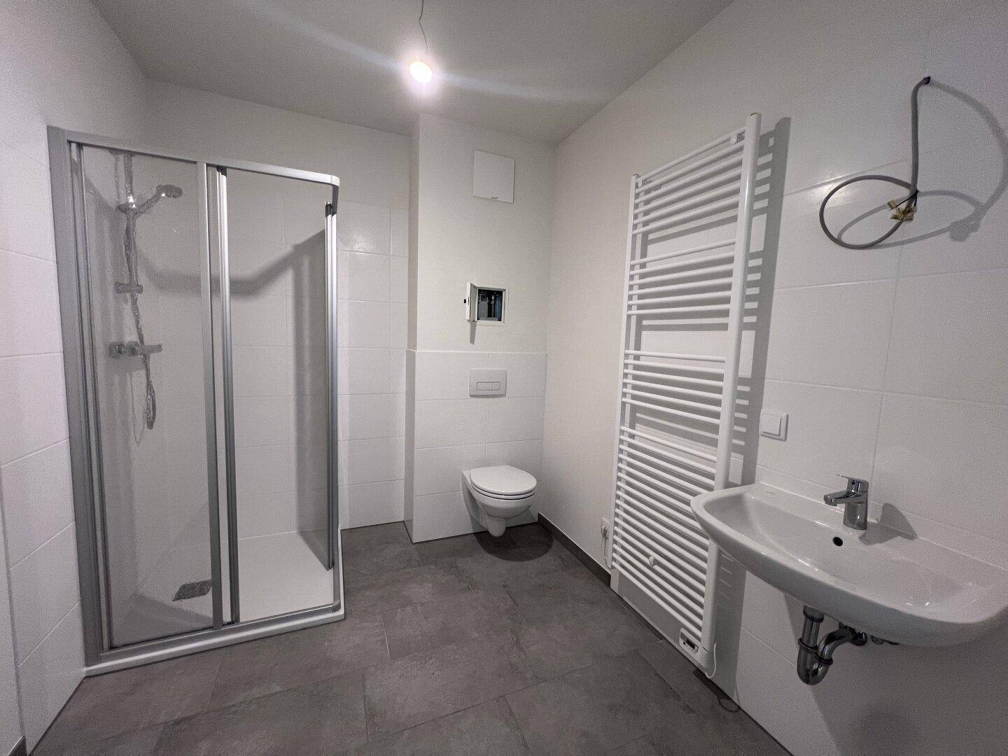 Modernes Badezimmer mit Duschkabine, wandhängendem WC, Waschbecken und beheiztem Handtuchhalter.