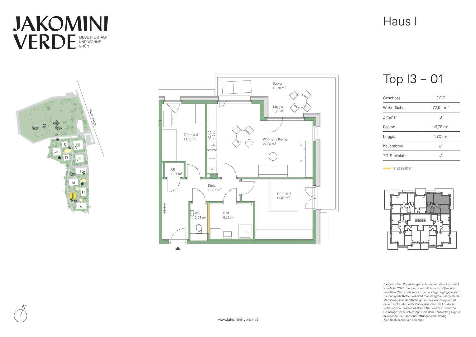 Grundriss für eine Wohnung mit drei Zimmern, Balkon und Loggia, inklusive Lageplan der Wohnanlage.