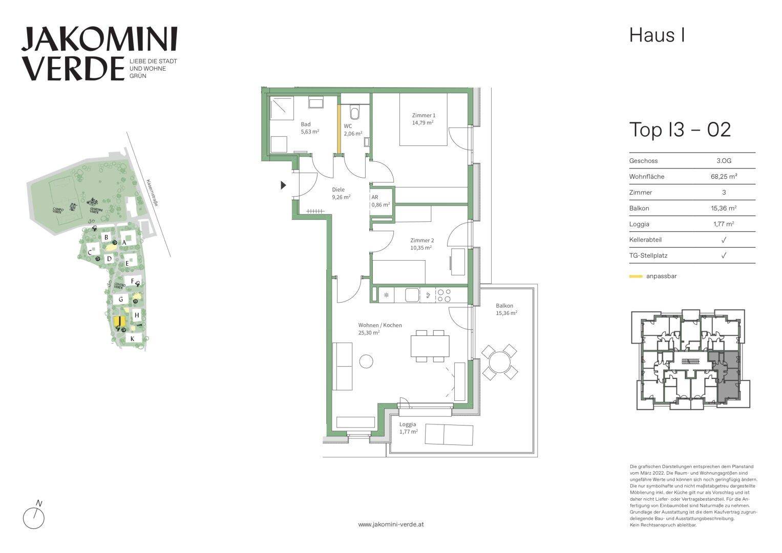 Detaillierter Grundriss einer Wohnung mit drei Zimmern, Balkon und Loggia.