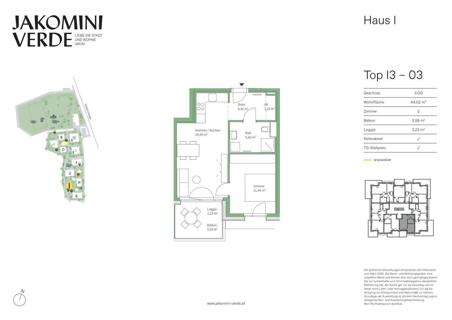 Grundriss einer Wohnung mit Wohnküche, Schlafzimmer, Loggia und Balkon.