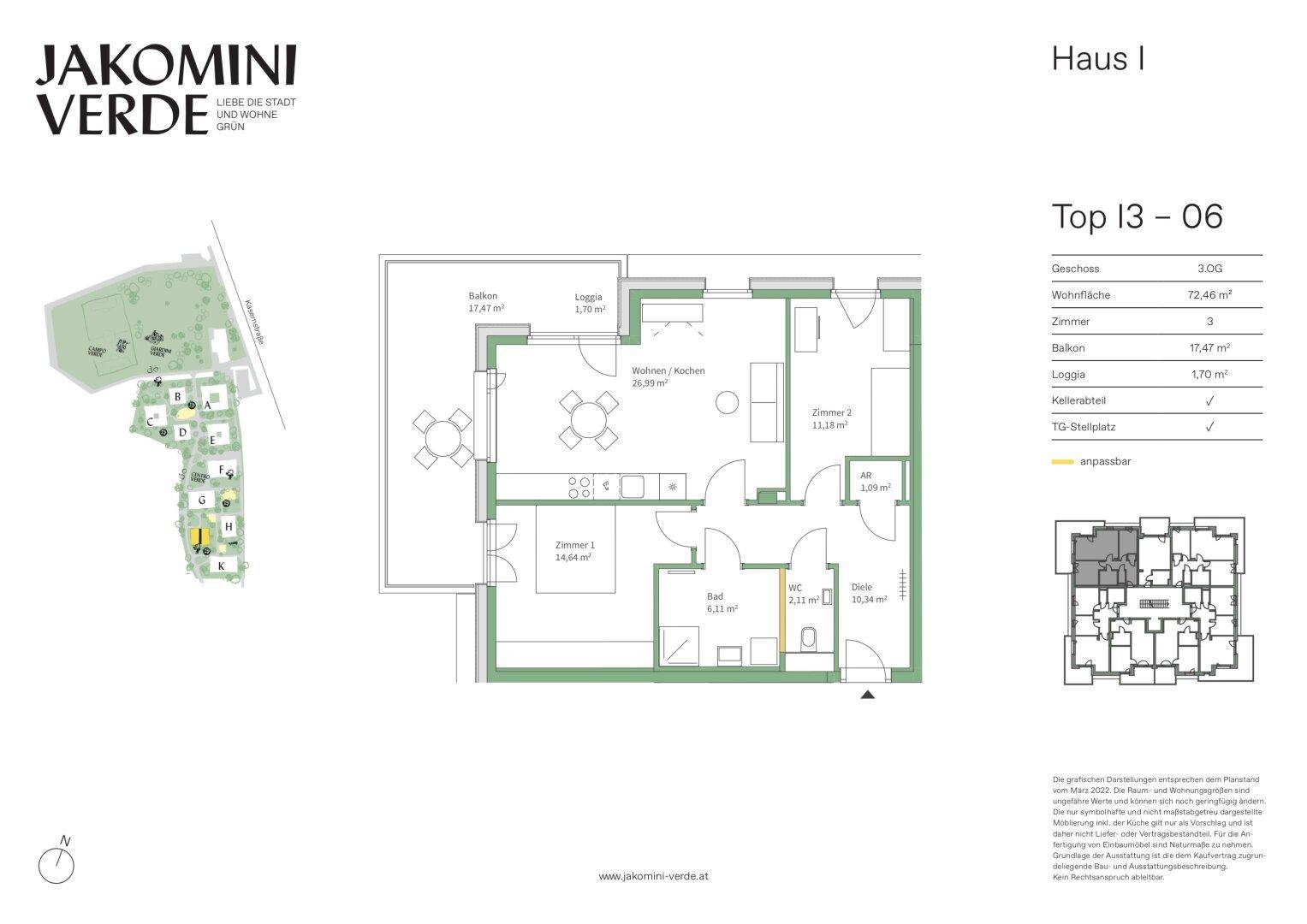 Grundriss der Wohnung Top 13-06 mit Balkon, Loggia und drei Zimmern, effiziente Raumaufteilung.