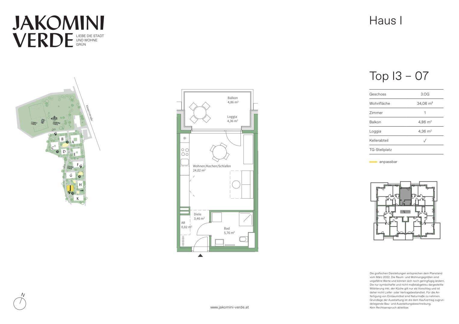 Detaillierter Grundriss der Wohnung Top 13-07 mit Balkon, offenem Wohnbereich und separatem WC.