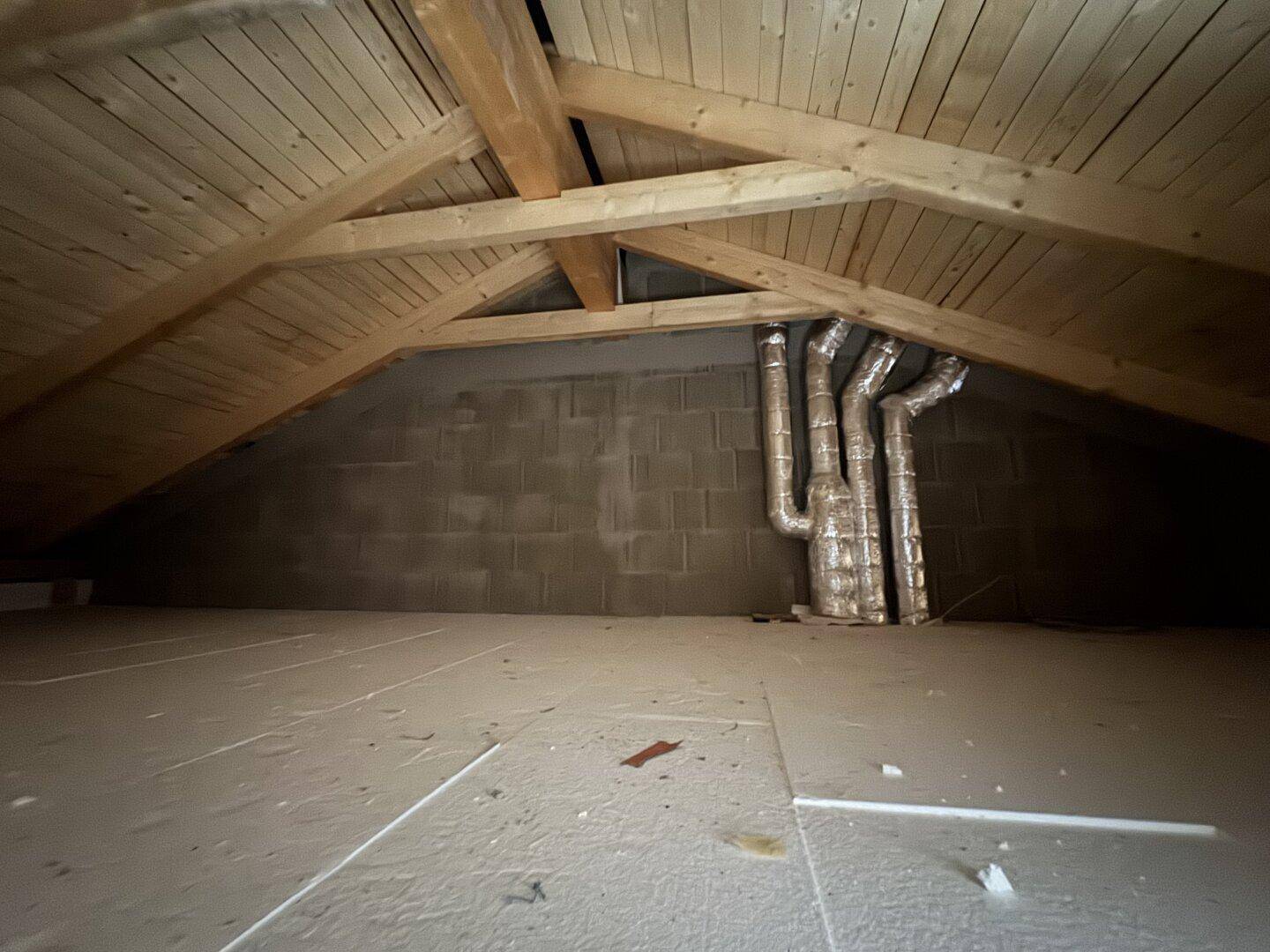 Unausgebauter Dachboden mit sichtbaren Holzbalken und Lüftungsrohren, bietet Ausbaupotenzial.