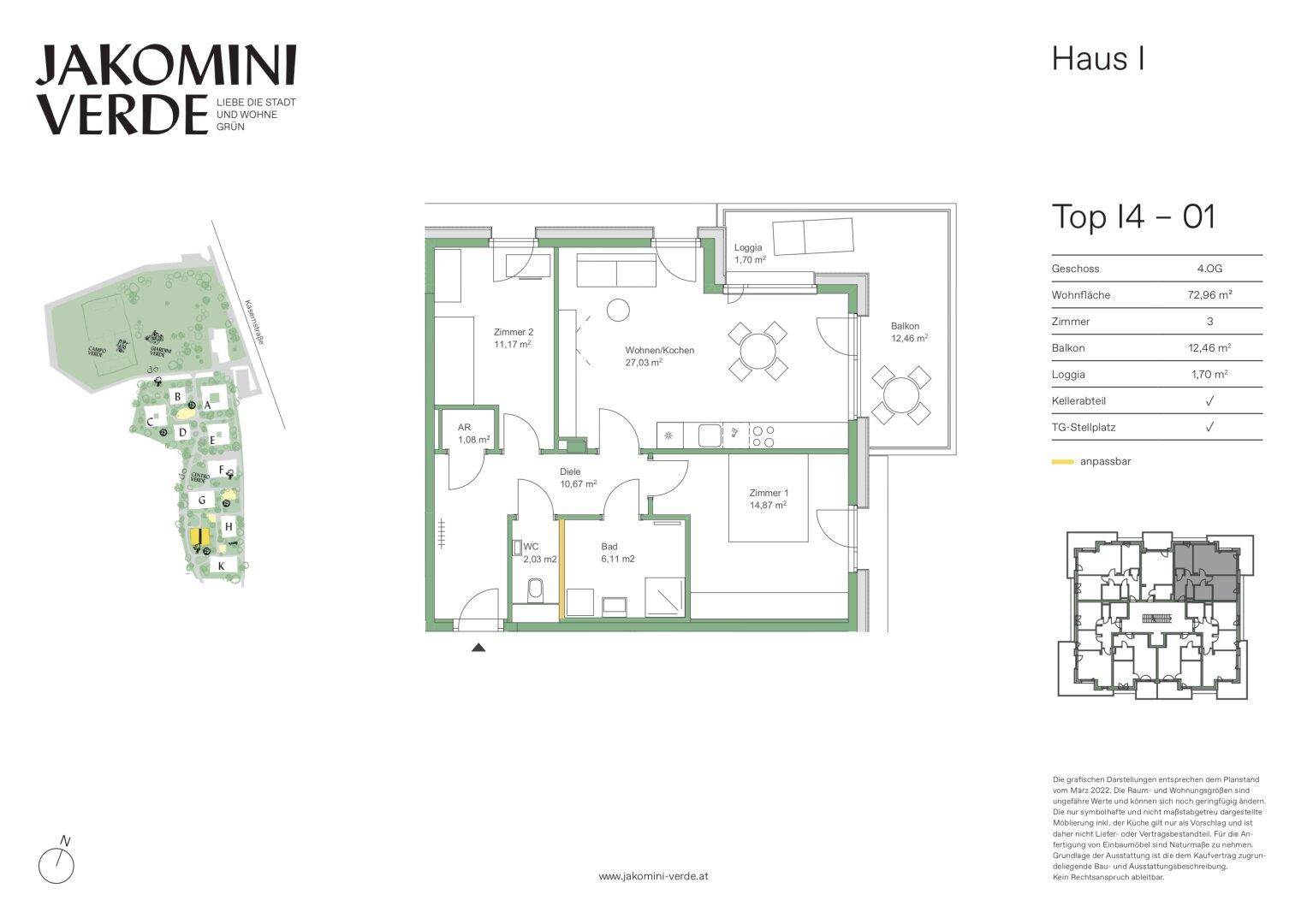 Grundriss einer Wohnung mit drei Zimmern, Loggia und Balkon auf 72,96 m².