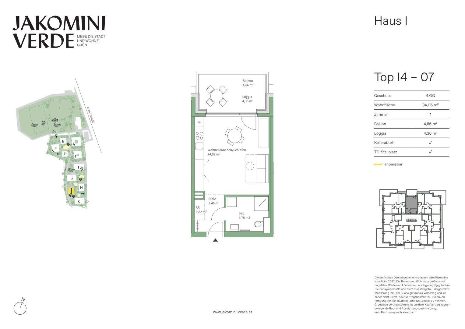 Grundriss einer Wohnung mit Balkon, Loggia und offenem Wohn-/Schlafbereich.