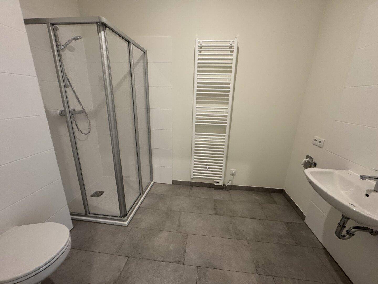 Modernes Badezimmer mit Duschkabine, WC, Waschbecken und beheiztem Handtuchhalter.
