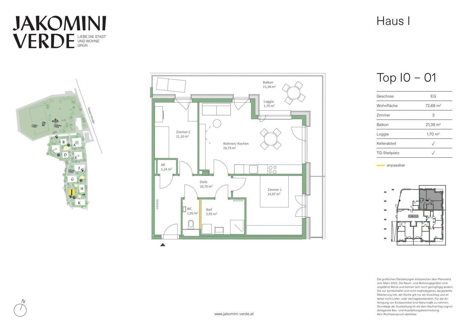 Detaillierter Grundriss einer Wohnung mit drei Zimmern, Balkon und Loggia.